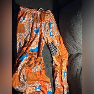 Vibrant Orange Paisley Patterned Pants